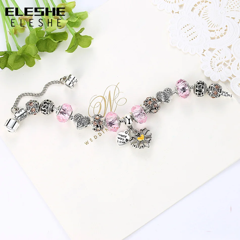 ELESHE Flower Pink Murano Glass&Crystal European Charm Beads Fits DIY Style Heart Charms Bracelets for Women