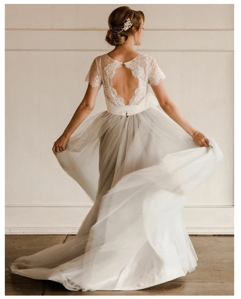 Свадебное платье, светильник, серое кружево, платье невесты, короткий рукав, ТРАПЕЦИЕВИДНОЕ, романтическое, Vestido Novia, дешево, высокое качество