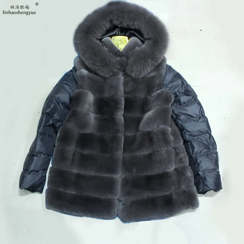 

Linhaoshengyue fashion women Real Rex rabbit fur coat with eiderdown sleeve Detachable sleeves, Natural fur