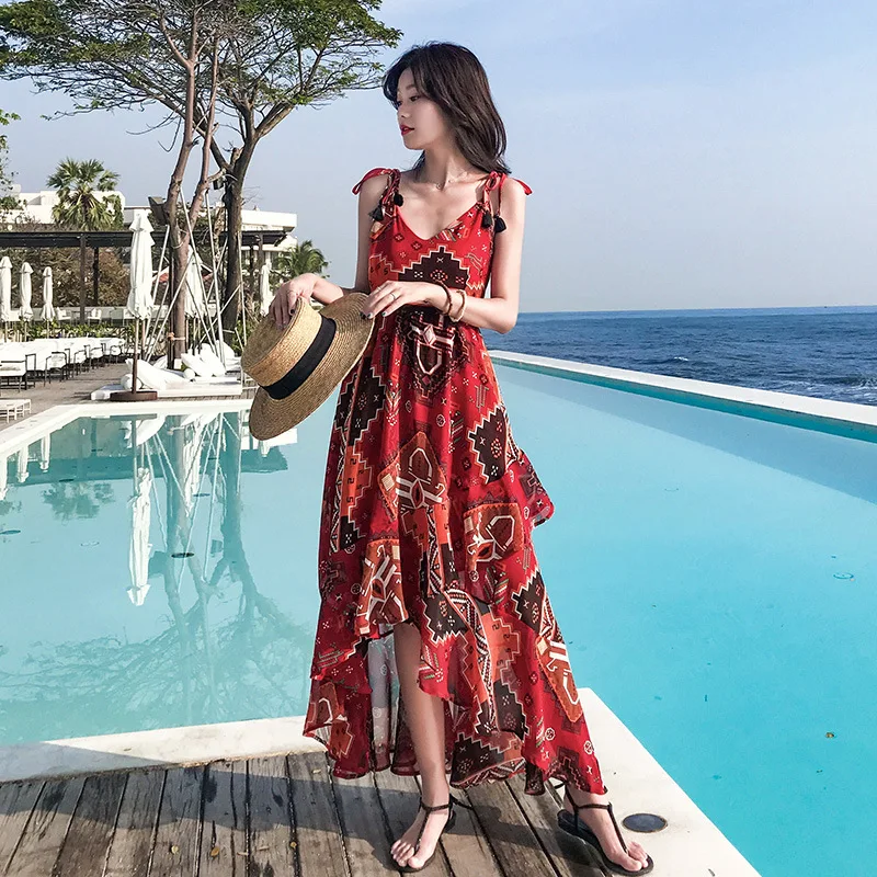Spaghetti Strap V Neck Boho Maxi Woman Dress Empire Loose Sexy Vintage Beach Dresses Sleeveless Floral Printed Party Vestido | Женская