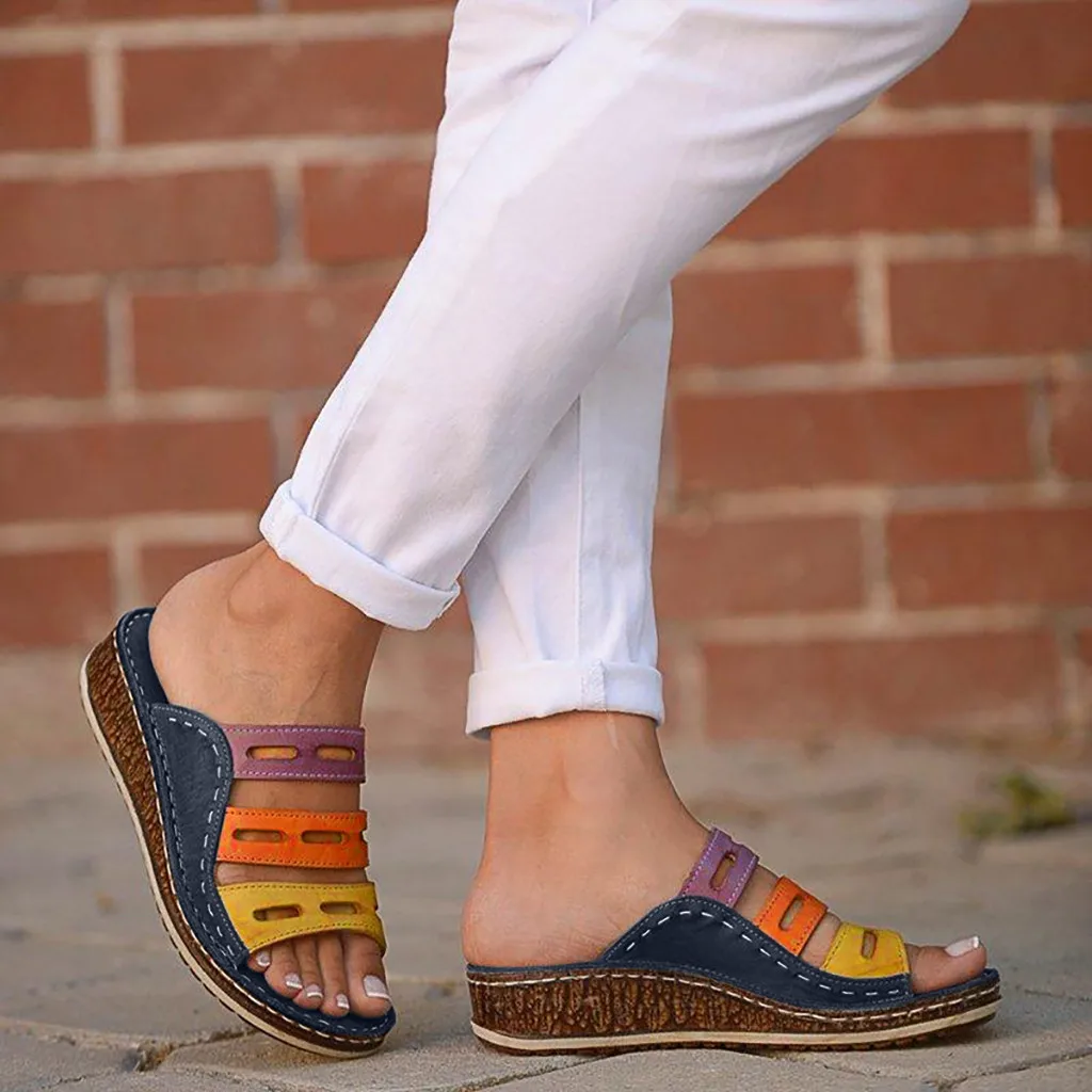 

Women's Ladies Fashion Slippers Mixed Color Slip On Leather Wedges Sandals Casual Soft Bottom Slipper Women Beach Summer Shoes