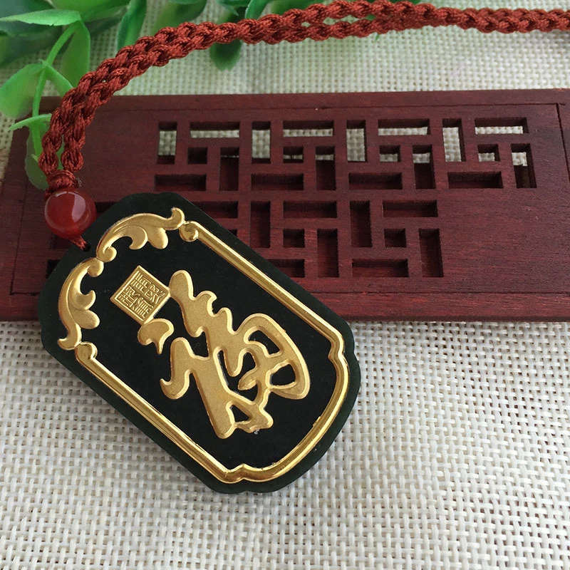 Blessing Gold Inlaid Jade Pendants for Men and Women Pendant Hetian Jade Dark Green Inlaid Gold Pendant Valentine's Day Gift Fine Jewelry