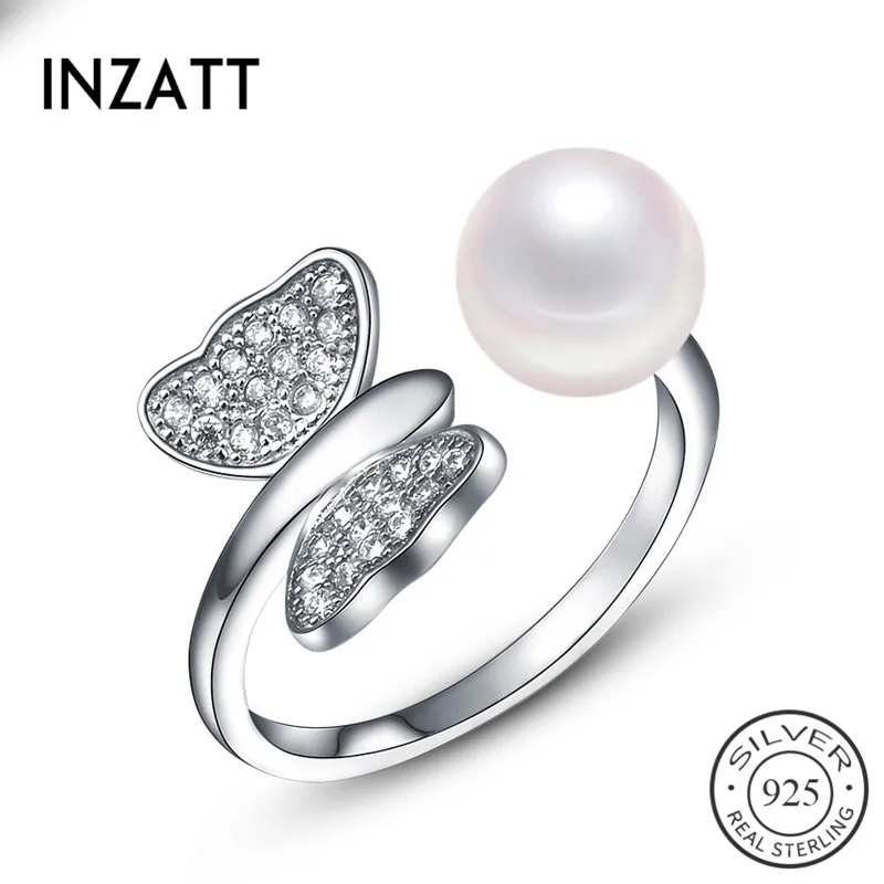 

INZATT Boho Pretty butterfly Pearl Crystal Adjustable Ring Authentic 925 Sterling Silver Fine Jewelry For Women Accessories Gift