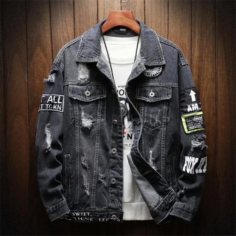 Hi-Street Men Ripped Ribbon jeans Jackets washed Distressed Denim Man Justin Bieber Slim Fit Streetwear HipHop Vintage Jacket