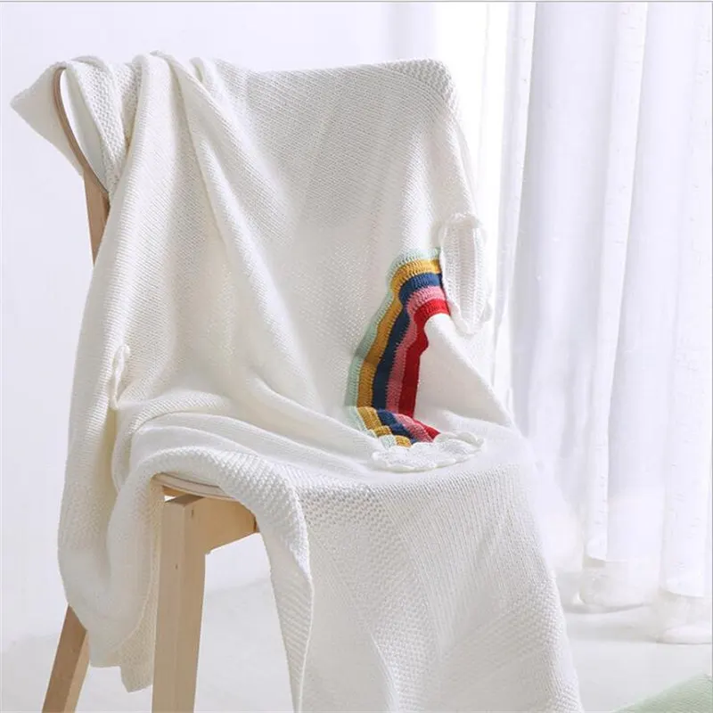 

Blanket for couch White Rainbow Crochet Faddish cotton Soft Children Boys Girls Modern Ventilate beautiful unique warm XHS2002