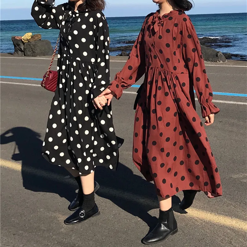 

2 colors autumn Dress 2018 Women polka dot print loose long dress Casual long sleeve dress womens (k727)