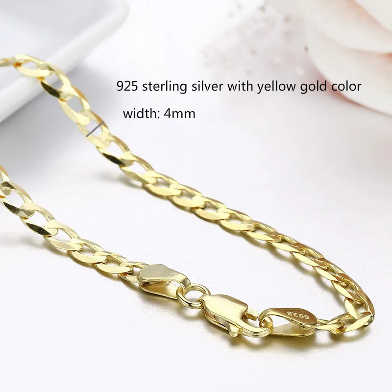 

45cm-80cm 4mm Slim 925 Sterling Silver W/ Gold Color Curb Chain Link Necklaces Men Jewelry Hiphop collares kolye Collier ketting