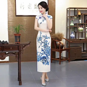 

New Arrival Chinese Women Novelty Flower Dress Sexy Long Cheongsam Qipao Elegant Print Flowers Dresses Plus Size M L XL XXL XXXL