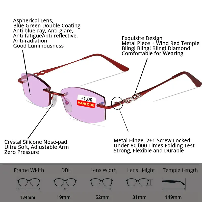 Vanlook женские очки для чтения со стразами без оправы антибликовые очки для глаз с диоптрией+ 1 1,5 2 2,5 3 3,5 4