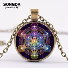 Songda retro geometria sagrada metatron cubo colar feito à mão vidro convexo pingente colar estrutura de energia do universo lembrança