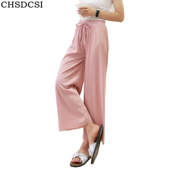 

CHSDCSI Casual Lace up Pants Women Chiffon Trousers Woman fashion 2020 Summer Waist High Wide Leg Pants Womens Pink Plus Size