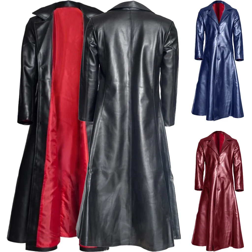 Кожаное пальто для мужчин, мода, Новое поступление, весна-осень, однобортный длинный стильный Тренч, Мужская одежда, уличная ветровка