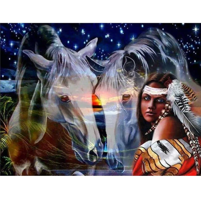 Handmade 3D Diamond Embroidery Indians Woman Horses Full Square 5D Diy Painting Mosaic Cross Stitch Home Decoration | Дом и сад