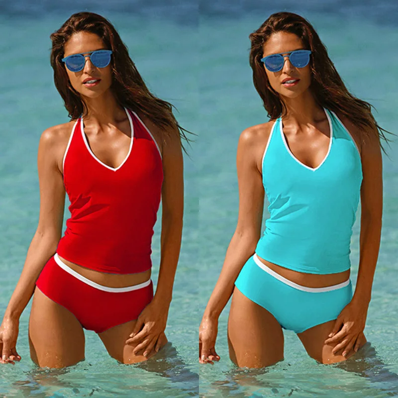 

Sports Solid Color Conservative Swimsuit 2019 V-neck Push Up Padded Bikini Set High waist Swimsuits Sexy Women Swimming Suit