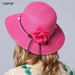 USPOP Мода 2018 г. для женщин соломы шляпы солнца повседневное цветок для соломенной шляпки женские летние цветочные жемчуг широкими полями