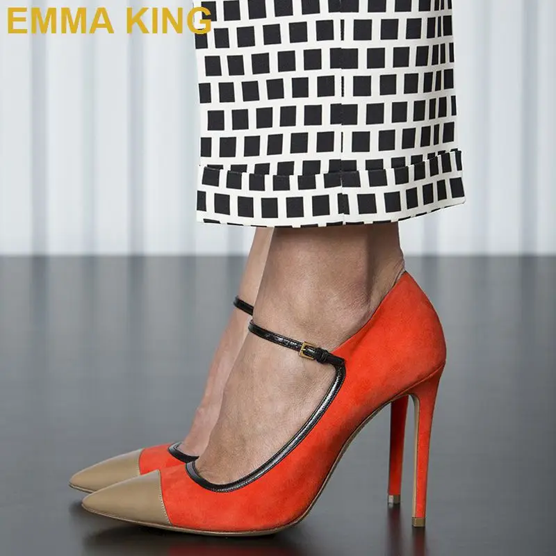 EMMA KING/оранжевые туфли-лодочки mary jane с острым носком, женские туфли на высоком каблуке, туфли на шпильке с ремешком и пряжкой, женские летние туфли для танцев - Цвет: picture color