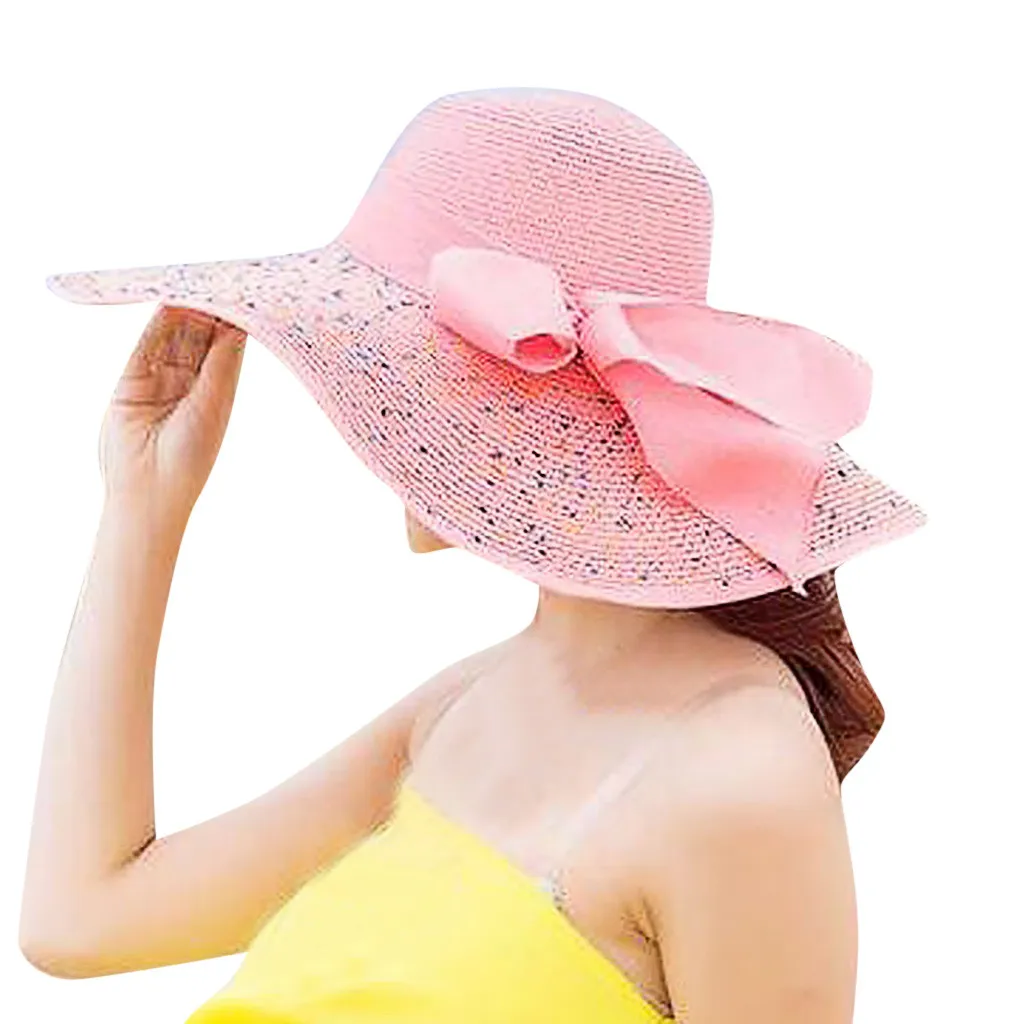 Sleeper#401 NEW FASHION Women Colorful Big Brim Straw Bow Hat Sun Floppy Wide Brim Hats Beach Cap solid hot Free Shipping - Цвет: F