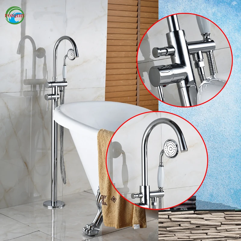 

POIQIHY Single handle with diverter floor mount tub filler faucet with handheld shower head chrome finish