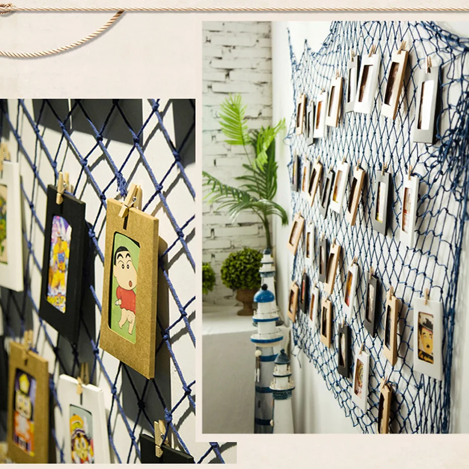 Large Blue Beige Mediterranean Marine Style Fishnet Photo Frame Wall Art Set Kids Picture Frame Living Room Home Soft Decoration (6)