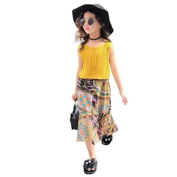 

2019 New Summer Fashion Baby Girls Clothing Sets Big Girls Chiffon Pleated Solid Sleeveless Tops+Print Wide Leg Pants Suits L36