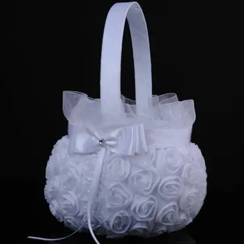 

Wedding Ceremony Party Ivory Satin Bowknot Rhinestone Pearl Flower Girl Basket