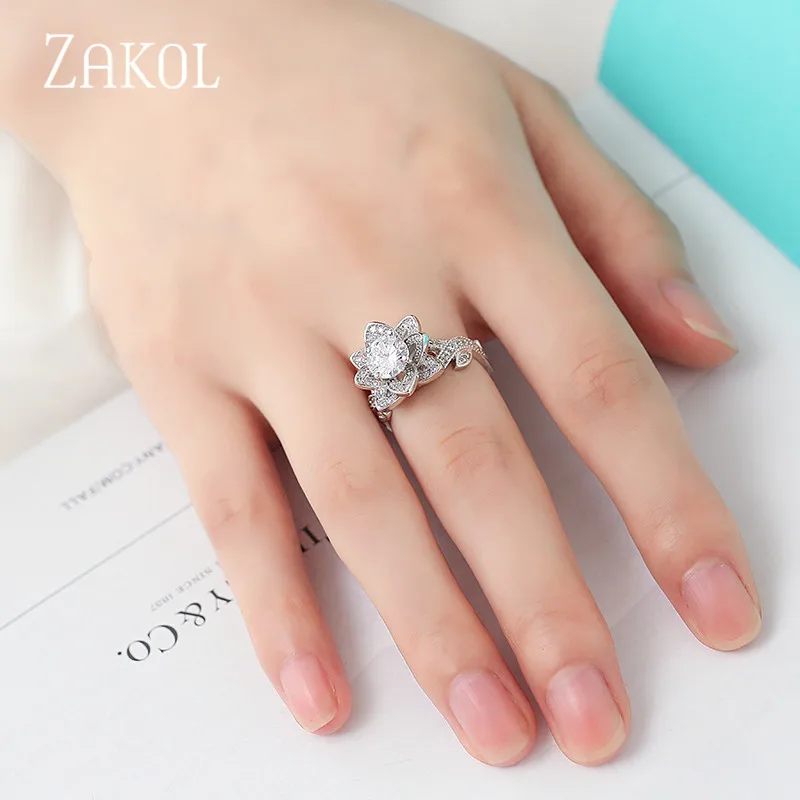 ZAKOL роскошное Серебряное кольцо для невесты с цветком для женщин с AAA кубическим цирконием, объемное свадебное ювелирное изделие FSRP2043