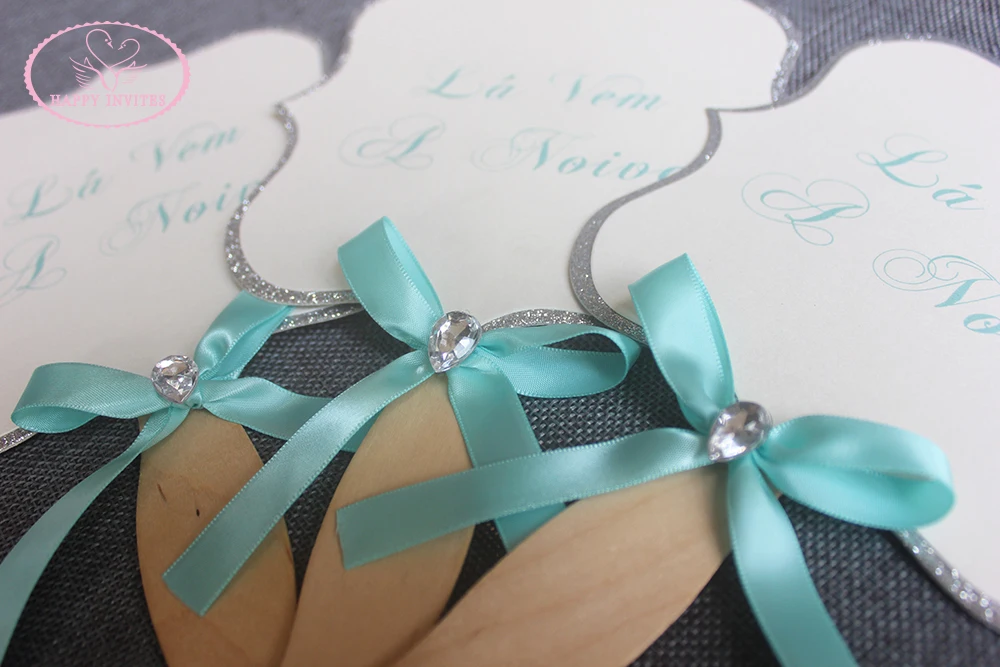 HI9034-03 Customized Glitter Fan Shape Place Card Menu Card Table Card Wedding Program with Wooden Handle