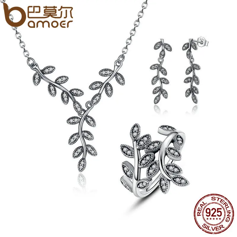 

BAMOER 925 Sterling Silver Sparkling Leaves Leaf Long Pendant Necklace Silver Bridal Jewelry Sets Sterling Silver Jewelry ZHS010