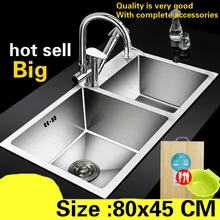 Бытовая Роскошная кухонная ручная раковина двойной паз пищевой класс 304 стандарт 304 нержавеющая сталь Горячая 80x45 см