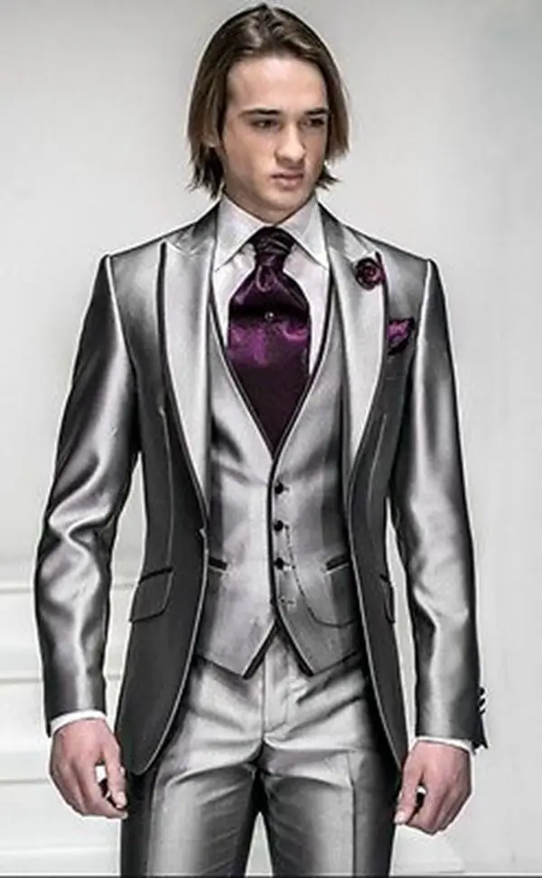 

Slim Fit Silver Grey Satin Groom Tuxedos Best Man Groomsmen Men Wedding Suits
