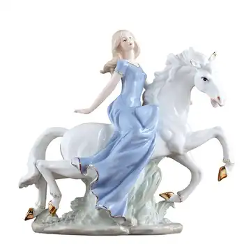 

Porcelain Maiden Girl on Horse Character Sculpture Ceramic Gift and Craft Ornament Decor Embellishment Accessories R2174