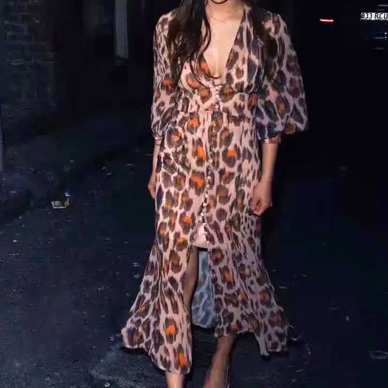 SWEET THING LONG SLEEVE DRESS leopard print button-down front women dress chiffon chic summer autumn 2019 E21 | Женская одежда