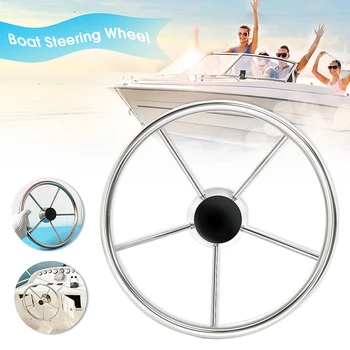 

316 Stainless Steel 33.5cm Boat Steering Wheel 25 Degree 5 Spoke For Marine Yacht Silver Polished Black Plastic Center Cap