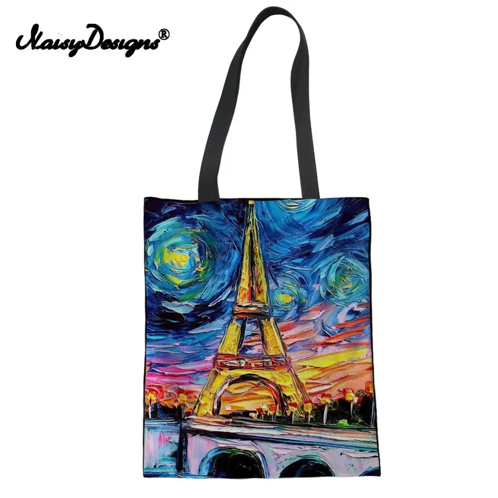 Famous Painting Starry Sky Printed Canvas Bag Women Totes Shoulder Colorful Linen Handbag For Female Lady Reusable Shopping Tote