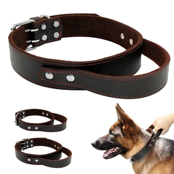 

Quick Control Dog Collar Genuine Leather Big Dogs Collar For Pet Training Brown With Handle For Medium Large Dogs M L