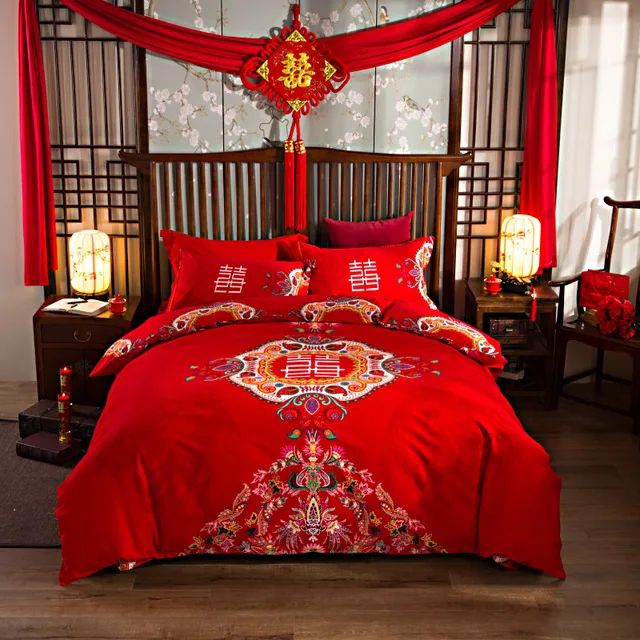 Wedding Red Bedlinen Print Bedding Sets Queen King Size Sanded Wedding Red Bedlinen Print Bedding Sets Queen King Size Sanded Cotton Good Quality Thicken Duvet Cover Flat Sheet Pillowcase