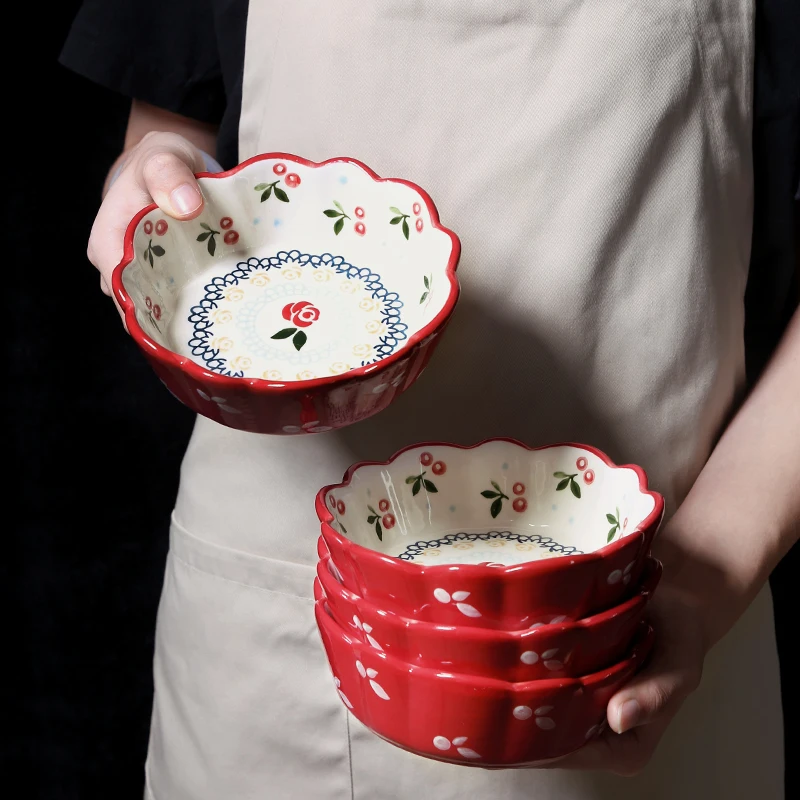

Cherry Ceramic Bowl China Salad Fruit Bowl Dessert Snack Japanese Dishes Rice Noodles Dinnerware Dish Flower Kitchen Tools Pots