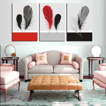 

Unframed 3 Panels Canvas Oil Wall Art HD Red and Black Feather Painting Home Decorative Cheap Art Picture Paint on Canvas Prints