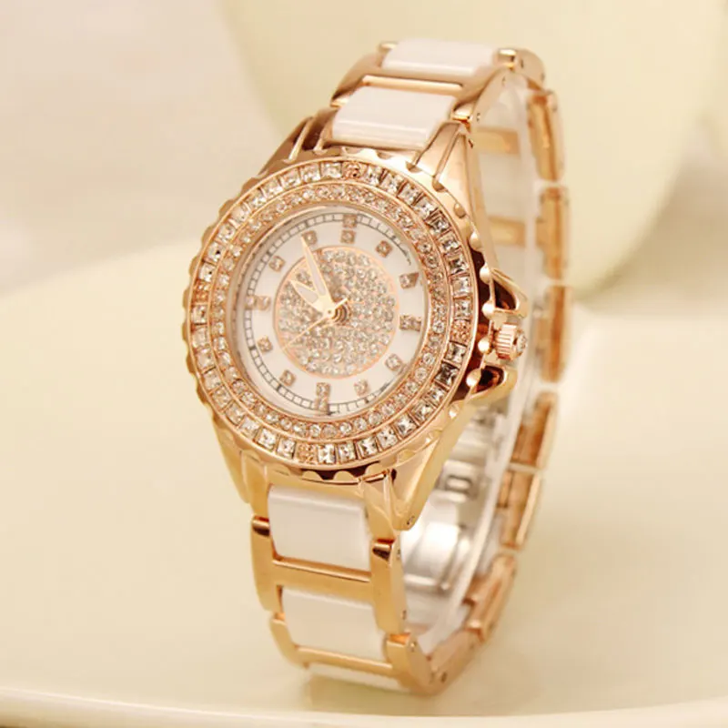 Luxury Quartz Fashion Women Watch Rose Gold Crystal Diamond Watch Ceramic band Dress Rhinestone Wristwatch Relogio