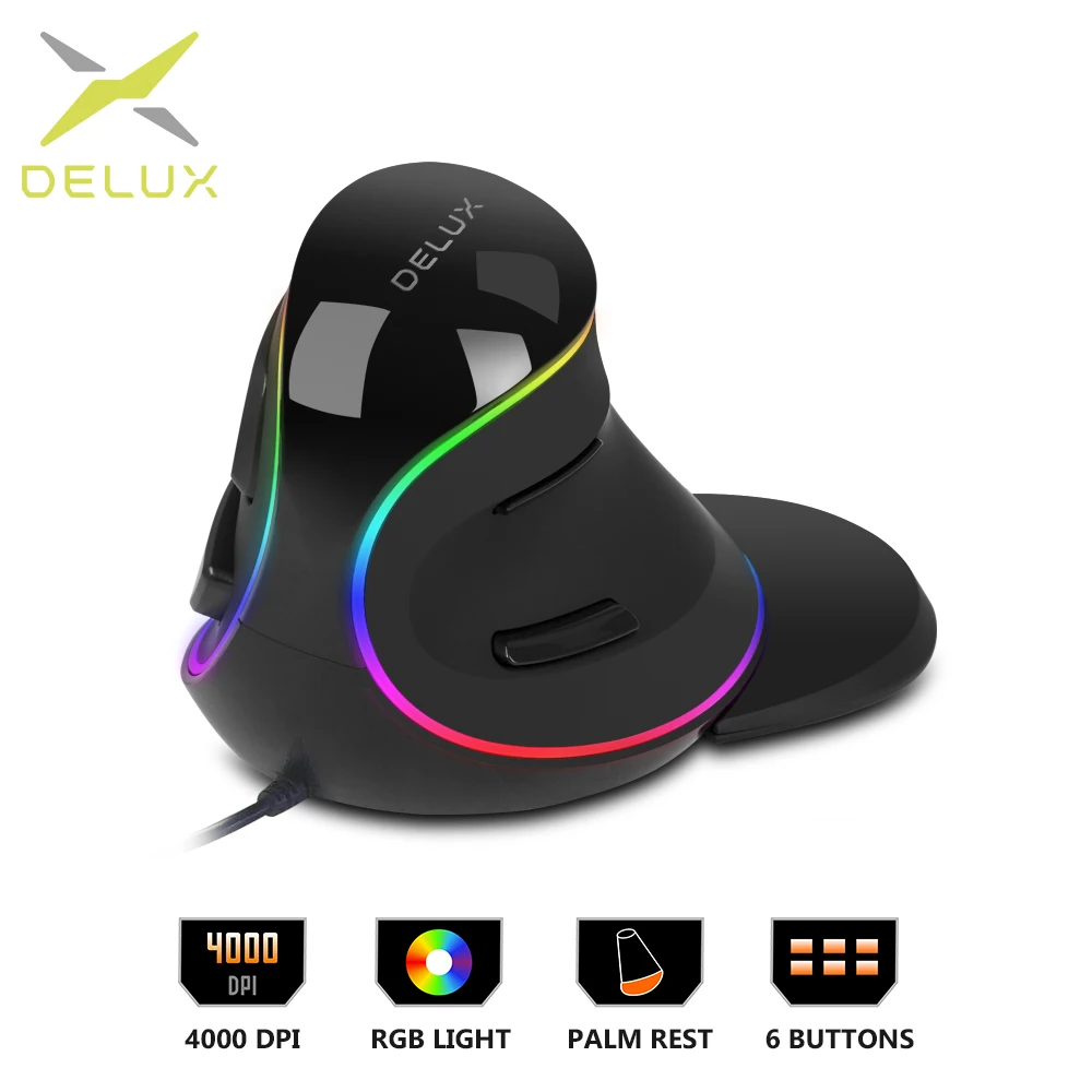 Скидка Delux M618Plus RGB эргономичная Вертикальная мышь 6 кнопок 4000 точек дюйм оптическая компьютерная мышь со съемной подставкой для рук для ПК и ноутбук...