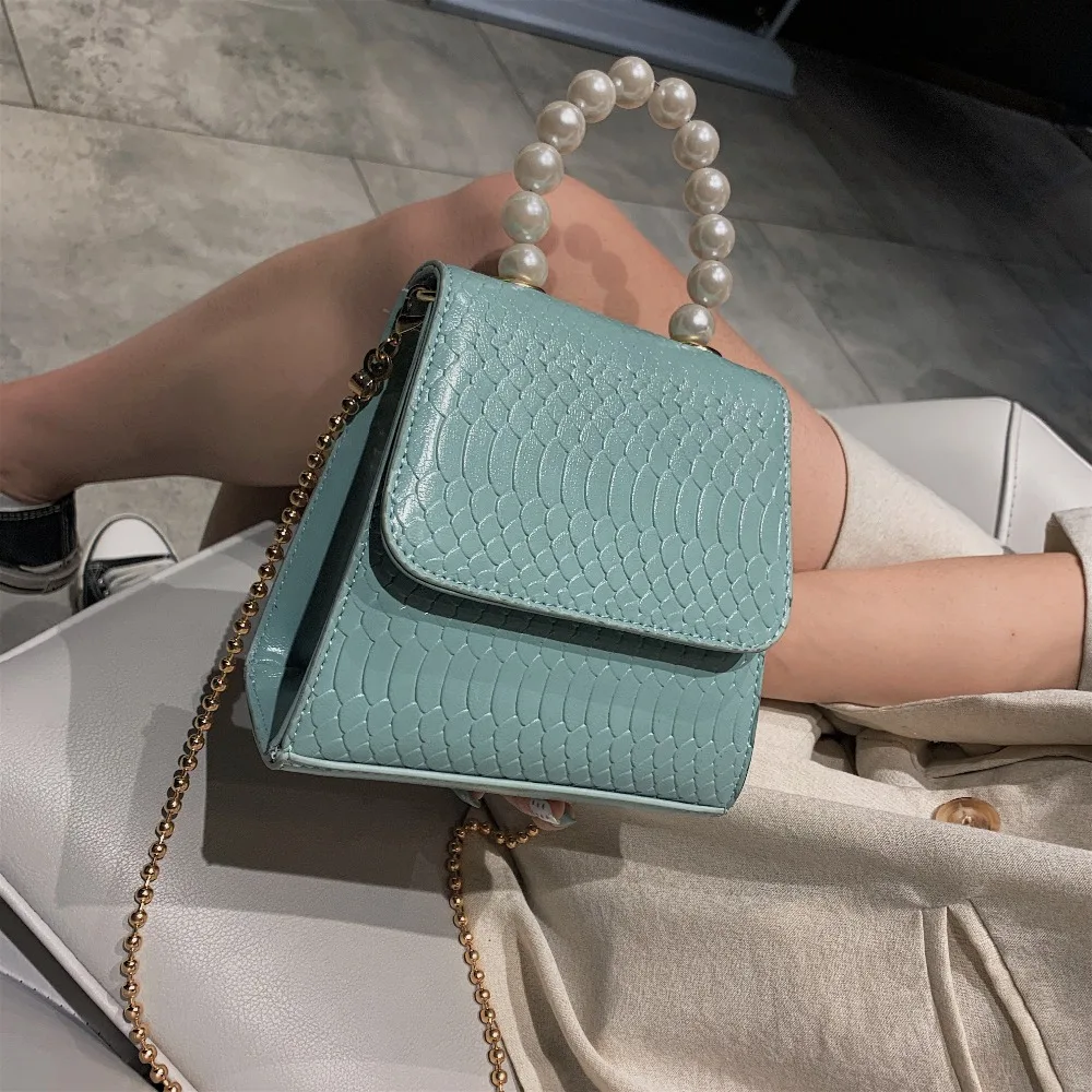 تمساح نمط بو الجلود Crossbody حقائب للنساء 2019 جديد اليد مع اللؤلؤ مقبض البسيطة سلسلة الكتف حقيبة ساعي المحافظ