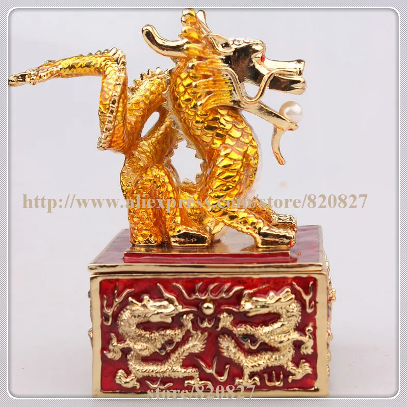 Dragon Decorative Statue Fashion Dragon Shape Metal Enamel Trinket Box with Rhinestone Asian Dragon Trinket Box