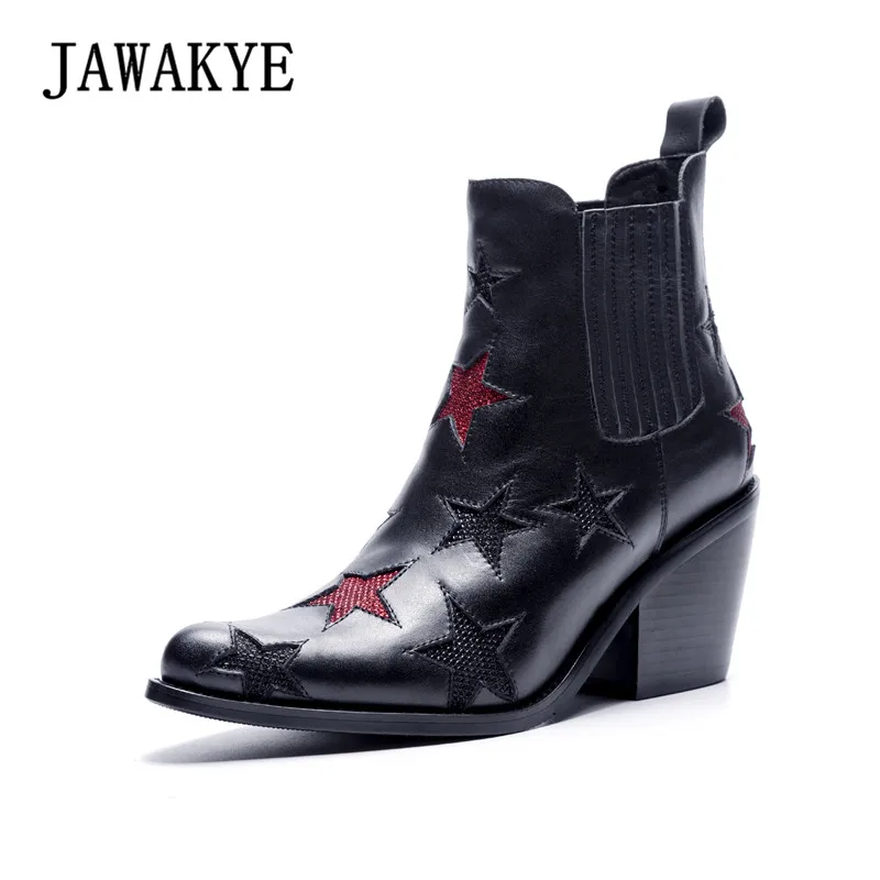 

JAWAKYE Pointed Women Ankle Boots Wedge heels 5 stars Gladiator Winter boots Genuine leather Studded Ladies Motorcycle Boots