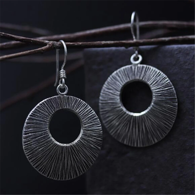 

Ethnic Thai Hand Made Sterling 925 Silver Round Dangle Drop Earrings Vintage Matt Retro Craft Woman Jewelry 33MM*37MM 13.3G