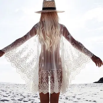 

2018 Embroidery Beach Suit Sexy Bikinis Women Lace Pareo White Beachwear Transparent Floral Cloak Suit Sarong