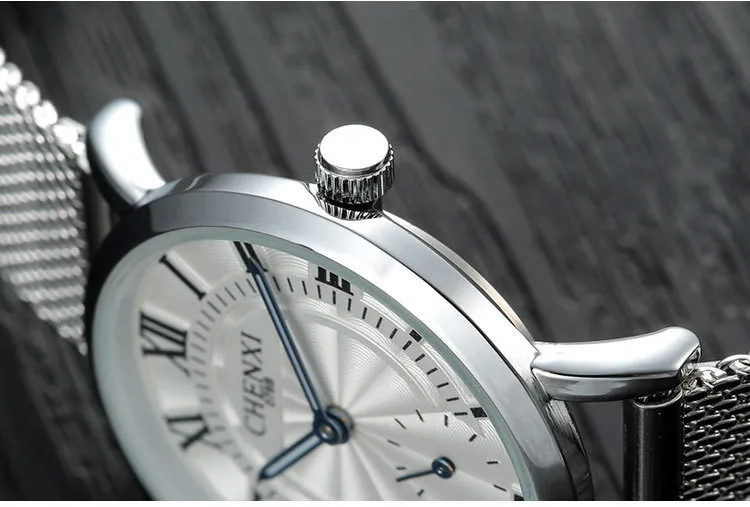 CHENXI Бизнес Мужские кварцевые часы из нержавеющей стали с сетчатым ремешком Мужские и женские римские цифры часы украшения циферблат часы для влюбленных