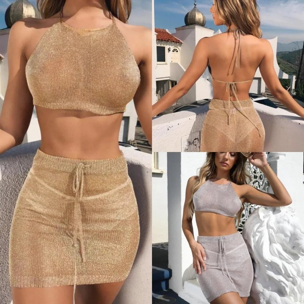 

New Arrival Fashion Summer Sexy Womens Crochet Fishnet Mesh Bikini Set Swimwear Beach Party Tops+Skirt Matching 2019 X1
