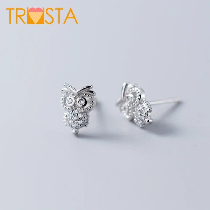

Trusta 100% 925 Solid Real Sterling Silver Jewelry 7mmX9mm Animal Owl CZ Stud Earring For Teen Girl Friend Kid Lady XY1055