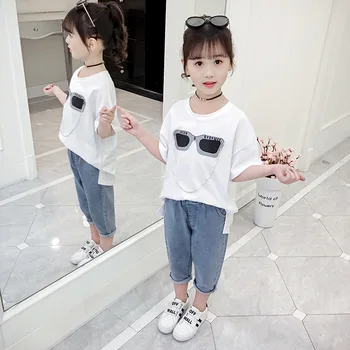 

New Kids T Shirt Round Neck 2019 Summer Fashion Glasses Print with Chain Tees Child Girls Tops Cotton White T-Shirts for Teens