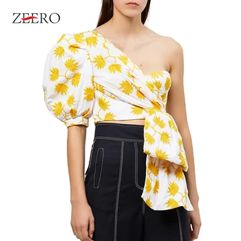 

Women Vintage Irregular Runway Shirts Femele Sexy Plaid One Shoulder Puff Sleeve Chiffon blouses Off Shoulder Ladies Tops Blusas
